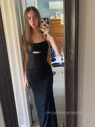 Mermaid Spaghetti Straps Sparkly Backless Black Long Evening Prom Dresses, PM0375