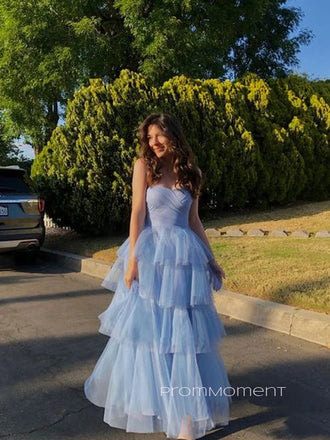 Sweetheart A-line Blue Tulle Long Evening Prom Dresses, Strapless Gorgeous Prom Dress, PM0378