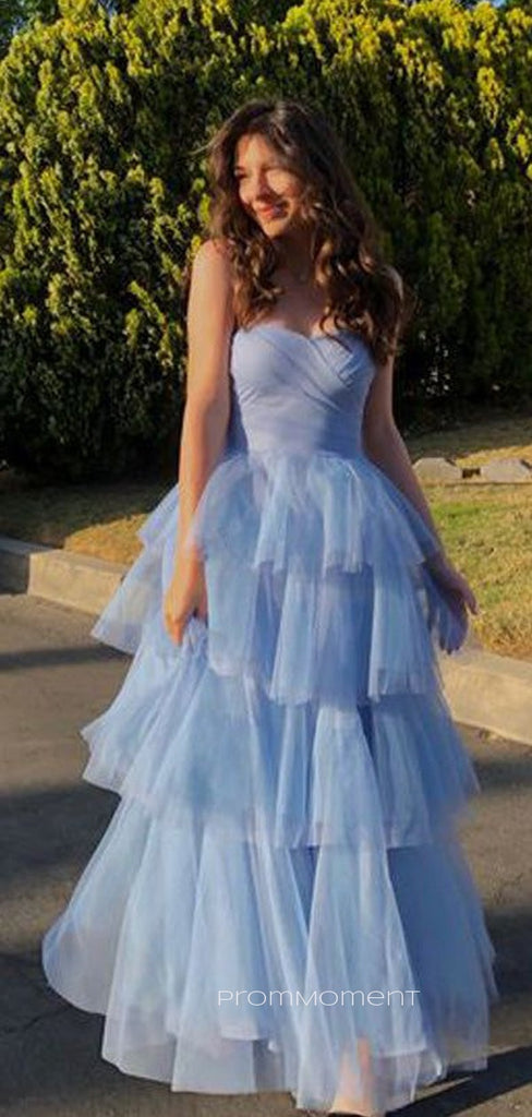 Sweetheart A-line Blue Tulle Long Evening Prom Dresses, Strapless Gorgeous Prom Dress, PM0378