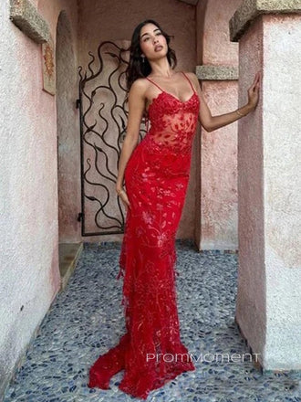 See Through Red Lace Deep V-neck Spaghetti Straps Long Evening Prom Dresses, PM0381