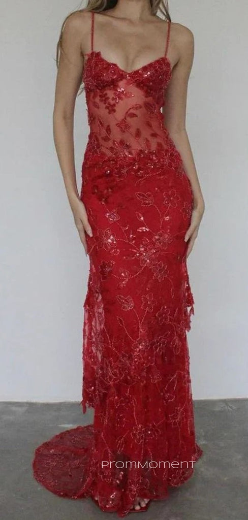 See Through Red Lace Deep V-neck Spaghetti Straps Long Evening Prom Dresses, PM0381