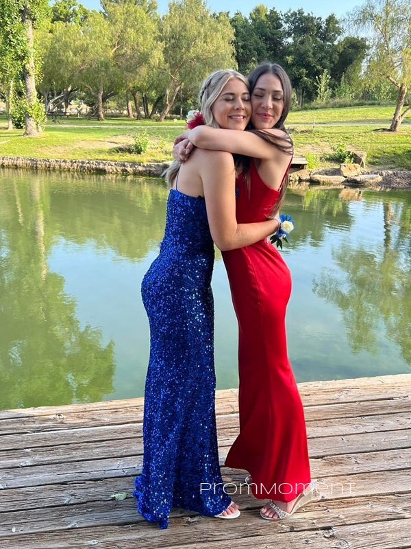 Sequins Royal Blue Mermaid Side Slit Sparkly Long Evening Prom Dresses, PM0387