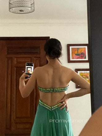 Strapless Sweetheart Sleeveless Long Evening Prom Dresses, Green Chiffon A-line Prom Dress, PM0389