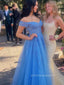 A-line Off Shoulder V-neck Long Evening Prom Dresses, Backless Tulle Beautiful Prom Dress, PM0390