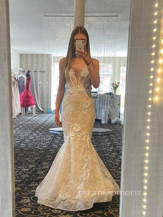 Gorgeous Deep V-neck Sleeveless Mermaid Long Evening Prom Dresses, Lace Floor-length Wedding Dress, PM0393