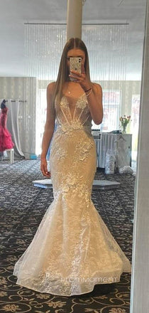 Gorgeous Deep V-neck Sleeveless Mermaid Long Evening Prom Dresses, Lace Floor-length Wedding Dress, PM0393
