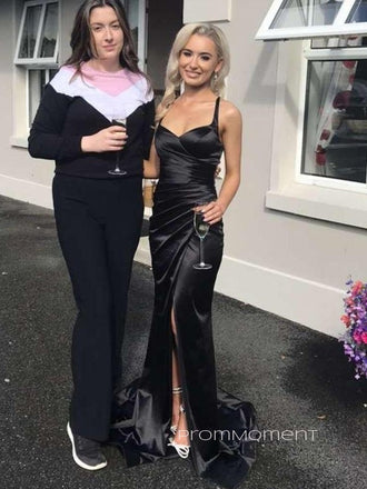 Elegant Black Satin Mermaid Long Evening Prom Dresses, Backless V-neck Straps Floor-length Prom Dress, PM0396