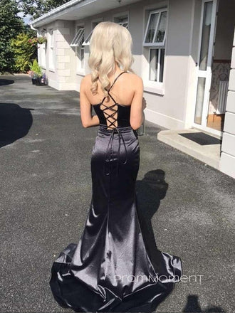 Elegant Black Satin Mermaid Long Evening Prom Dresses, Backless V-neck Straps Floor-length Prom Dress, PM0396
