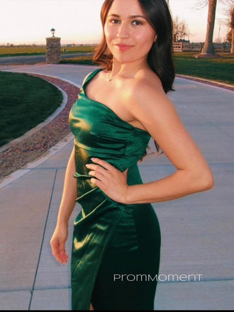 One Shoulder Side Slit Mermaid Long Evening Prom Dresses, Backless Satin Prom Dress, PM0399