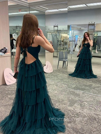 Dark Green Tulle V-neck Long Evening Prom Dresses, Unique Backless Straps Prom Dress, PM0400