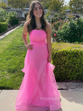 Sleeveless Organza Long Evening Prom Dresses, Pink A-line Prom Dress, PM0402