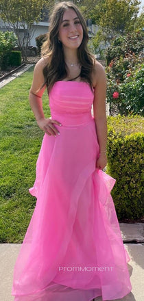Sleeveless Organza Long Evening Prom Dresses, Pink A-line Prom Dress, PM0402