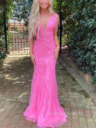 Beautiful Deep V-neck Mermaid Long Evening Prom Dresses, Tulle Appliques Prom Dress, PM0403