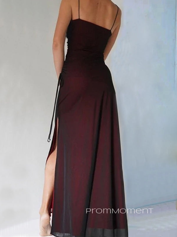 Spaghetti Straps Backless Mermaid Long Evening Prom Dresses, Black Chiffon Red Prom Dress, PM0404