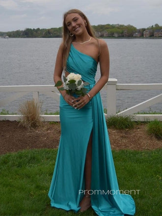 One Shoulder Side Slit Mermaid Long Evening Prom Dresses, Satin Backless Prom Dress, PM0406