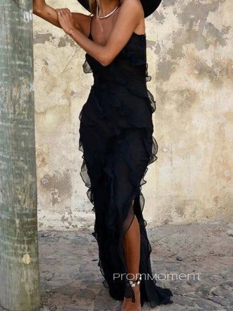 Unique Black Spaghetti Straps Long Evening Prom Dresses, V-neck Side Slit Mermaid Prom Dress, PM0407