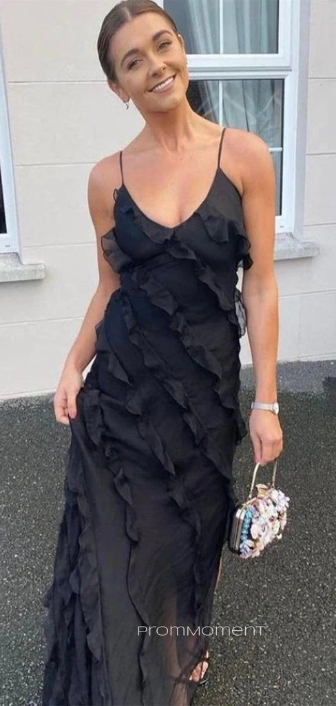 Unique Black Spaghetti Straps Long Evening Prom Dresses, V-neck Side Slit Mermaid Prom Dress, PM0407