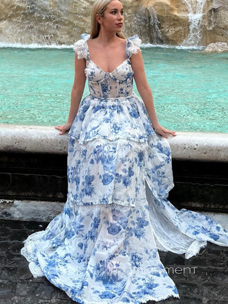 A-line Straps Beautiful Long Evening Prom Dresses, Side Slit Backless Prom Dress, PM0410