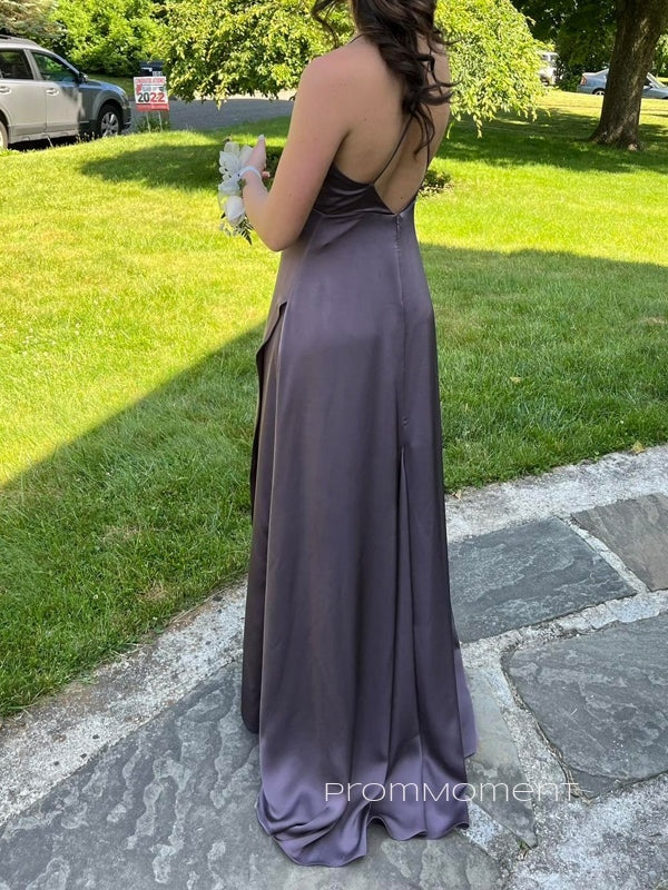 Simple Spaghetti Straps High Slit Long Evening Prom Dresses, Sexy Backless Prom Dress, PM0411