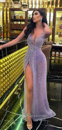 Deep V-neck Sparkly High Slit Straps Backless Long Evening Prom Dresses, PM0412
