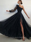 Formal A-line One Sleeve High Slit Long Evening Prom Dresses, Black Tulle Prom Dress, PM0413