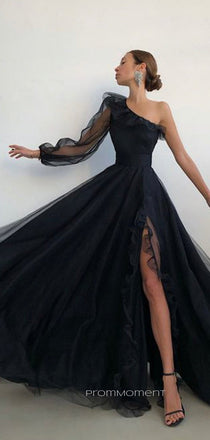 Formal A-line One Sleeve High Slit Long Evening Prom Dresses, Black Tulle Prom Dress, PM0413