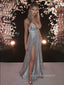 Deep V-neck Sexy High Slit A-lin Sparkly Long Evening Prom Dresses, Backless Spaghetti Straps Prom Dress, PM0415