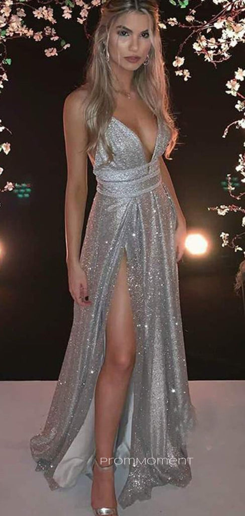 Deep V-neck Sexy High Slit A-lin Sparkly Long Evening Prom Dresses, Backless Spaghetti Straps Prom Dress, PM0415