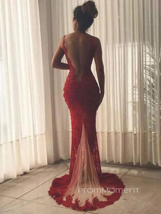 Gorgeous Deep V-neck High Slit Mermaid Long Evening Prom Dresses, Red Lace Sexy V-back Prom Dress, PM0417