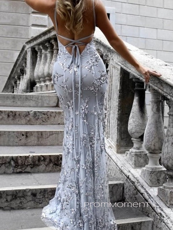 Silver Grey Tulle Appliques Long Evening Prom Dresses, Mermaid V-neck Spaghetti Straps Prom Dress, PM0418