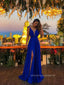 Deep V-neck Royal Blue A-line Long Evening Prom Dresses, Straps High Slit Prom Dress, PM0419