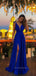Deep V-neck Royal Blue A-line Long Evening Prom Dresses, Straps High Slit Prom Dress, PM0419