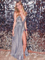 A-line Deep V-neck Silver Sparkly Long Evening Prom Dresses, Sexy Spaghetti Straps Backless Prom Dress, PM0420