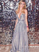 A-line Deep V-neck Silver Sparkly Long Evening Prom Dresses, Sexy Spaghetti Straps Backless Prom Dress, PM0420