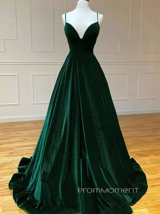 Velvet Deep V-neck A-line Long Evening Prom Dresses, Spaghetti Straps Formal Prom Dress, PM0421