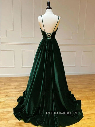 Velvet Deep V-neck A-line Long Evening Prom Dresses, Spaghetti Straps Formal Prom Dress, PM0421