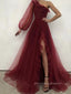 Long Sleeve A-line Tulle Long Evening Prom Dresses, Side Slit Beautiful Prom Dress, PM0424