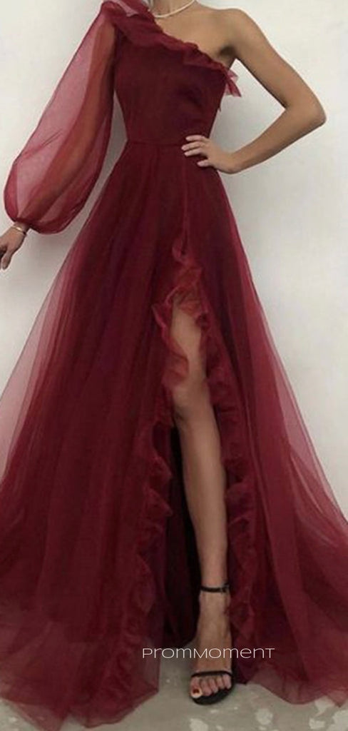 Long Sleeve A-line Tulle Long Evening Prom Dresses, Side Slit Beautiful Prom Dress, PM0424