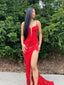 V-neck Spaghetti Straps Red Lace Long Evening Prom Dresses, High Slit Mermaid Prom Dress, PM0426