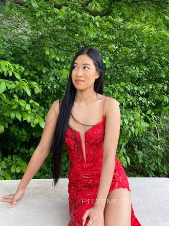 V-neck Spaghetti Straps Red Lace Long Evening Prom Dresses, High Slit Mermaid Prom Dress, PM0426