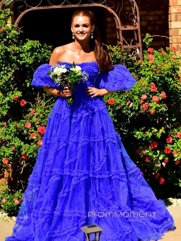 Off Shoulder A-line Long Evening Prom Dresses, Beautiful Strapless Blue Prom Dress, PM0427