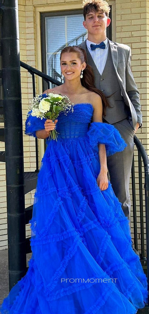 Off Shoulder A-line Long Evening Prom Dresses, Beautiful Strapless Blue Prom Dress, PM0427