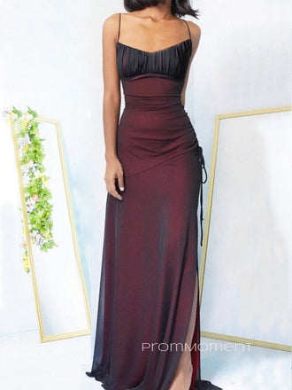 Spaghetti Straps High Slit Long Evening Prom Dresses, Black Chiffon Red Prom Dress, PM0431
