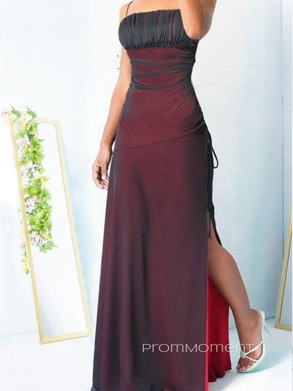 Black Chiffon Red High Slit Long Evening Prom Dresses, Spaghrtti Straps Sleeveless Prom Dress, PM0432