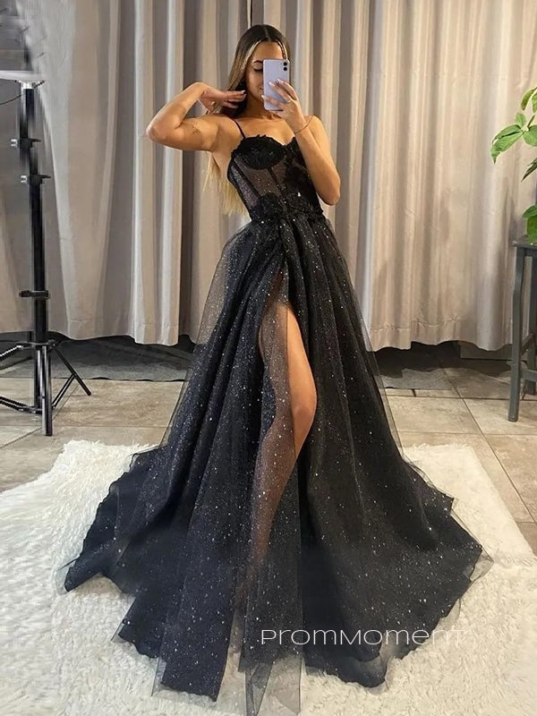 Popular A-line Sexy High Slit Long Evening Prom Dresses, Spaghetti Straps Sleeveless Prom Dress, PM0433