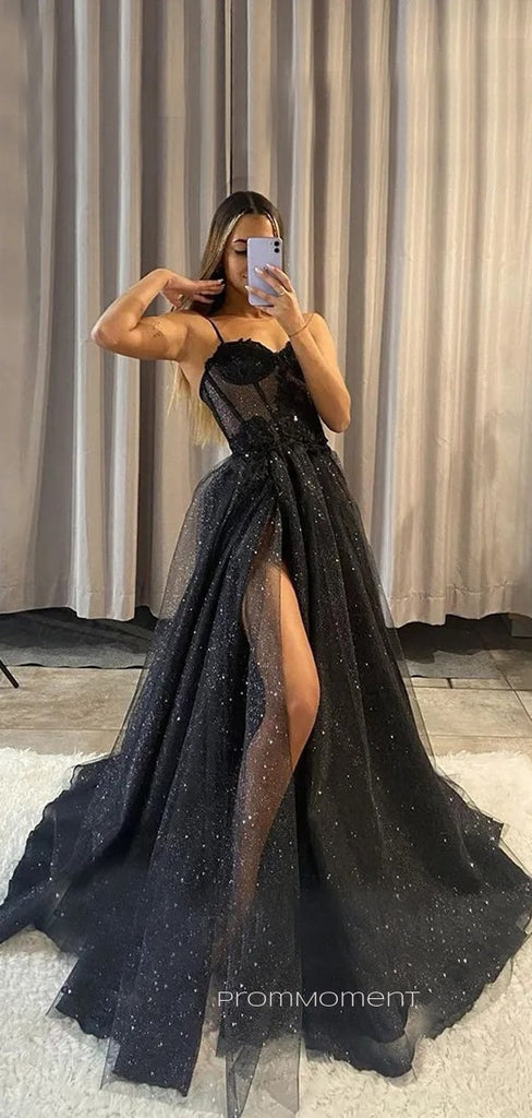 Popular A-line Sexy High Slit Long Evening Prom Dresses, Spaghetti Straps Sleeveless Prom Dress, PM0433