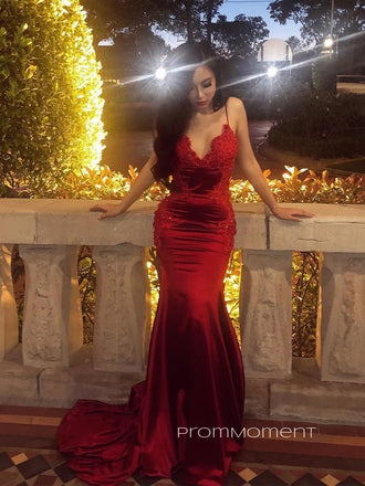 Sexy Backless Deep V-neck Mermaid Long Evening Prom Dresses, Spaghetti Straps Floor-length Prom Dress, PM0434