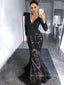 Long Sleeves Deep V-neck Mermaid Long Evening Prom Dresses, Black Tulle Appliques Prom Dress, PM0437