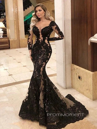 Formal Floor-length Long Sleeves Mermaid Long Evening Prom Dresses, V-neck Black Prom Dress, PM0438