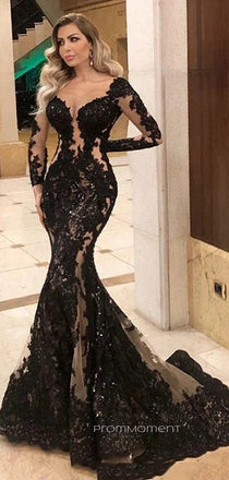 Formal Floor-length Long Sleeves Mermaid Long Evening Prom Dresses, V-neck Black Prom Dress, PM0438